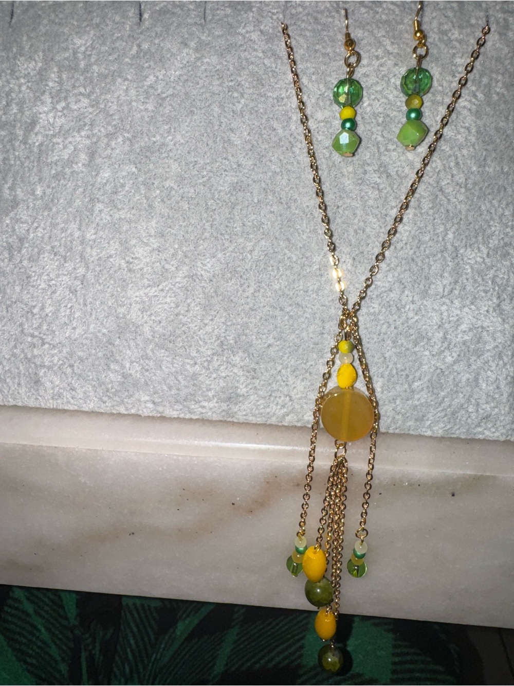 Gold-Green & Yellow Bead Drop Necklace and Earring Set(handmade) (cross posted)